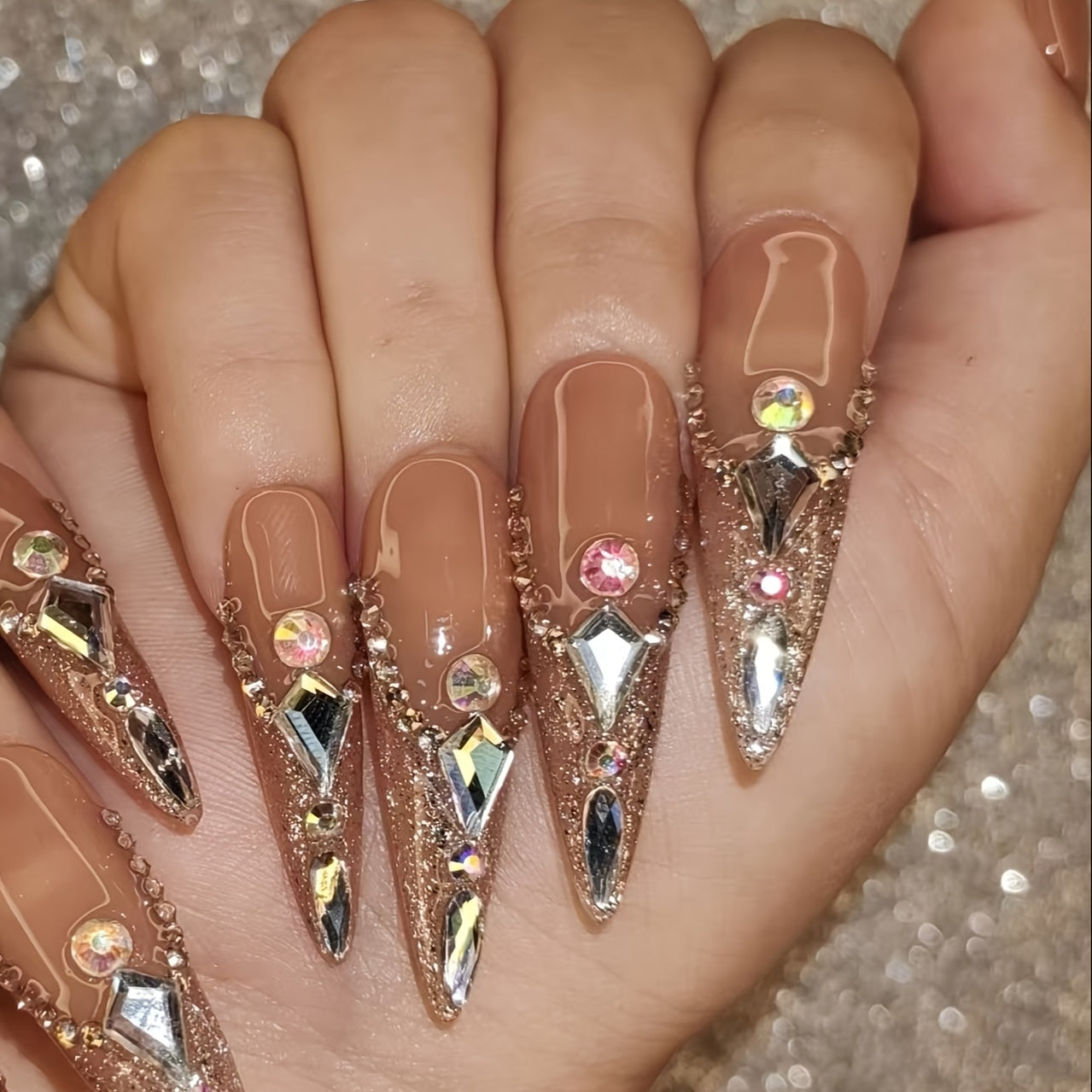 Handcrafted Ultra-Pointed Nude Press-On Nails with Luxurious Large Rhinestones - High-End Elegance, Grandeur & Modern Style for Women | Pure Hand-Set Sparkling Diamonds | Extra-Long Ultra-Durable Design Resists Bending
